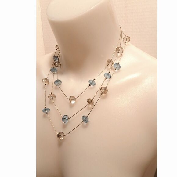Elegant Silver-Tone Metal Layered Necklace with Chain Smoky and Blue Crystals - Picture 3 of 10